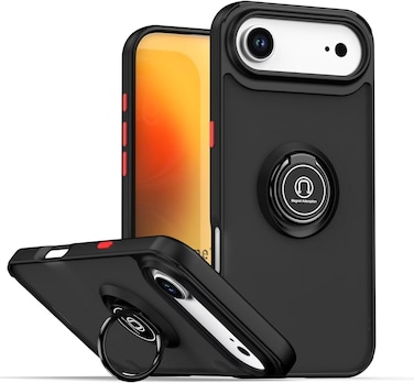 Case for IPhone 17 Air Case Cover Metal Ring Holder Grip Kickstand Car Magnetic Mount Shockproof Matte Hard Back Bumper Case for IPhone Air 5G 2025Black
