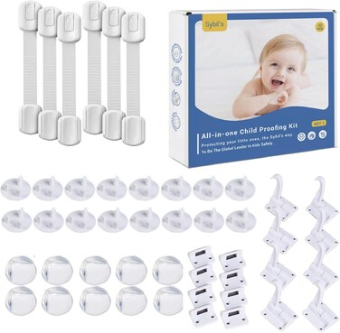 Sybil's Childproofing Safety Kit, 6 x Adjustable Latches, 10 x Corner Guards, 16 x Socket Covers, 8 x Switch Locks, Home Safeguarding and Baby Proofing, Ideal Gift For Newborns (Safety Kit 1)