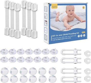 Sybil's Childproofing Safety Kit, 6 Adjustable Cabinet Locks, 4 Door Stoppers, 4 U Locks, 12 Corner Guards, 14 Socket Covers, Home Safeguarding, Ideal Gift For Newborns Proofing (Safety Kit 2)