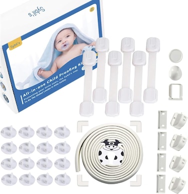 Sybil's Childproofing Safety Kit, 6 Cabinet Locks, 4m Edge Protector, 12 Corner Guards, 16 Socket Covers, 1 Door Stopper, Home Safeguarding, Ideal Gift For Newborns Proofing (Safety Kit 3)