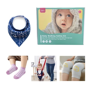 Sybil's 4 in 1 Baby Walking Safety Kit Includes Baby Walking Assistant Anti Slip Socks Knee Pads and Baby Bib Must Have for Infants and Toddlers Learning to Walking