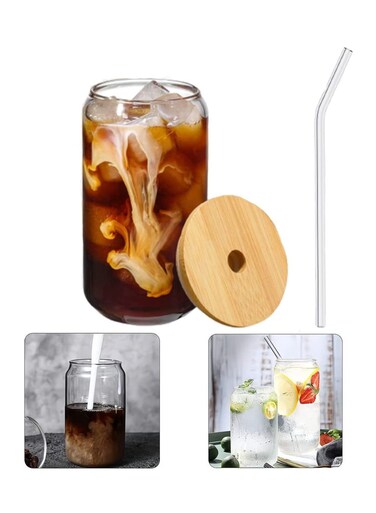 Drinking Glasses Can Shaped with Bamboo Lids and Glass Straw 1pcs Set - 16oz (600ml) Coffee Soda Glass Beer Glasses Iced Coffee Glasses Cute Tumbler Cup Heat-Resistant Drink Glass