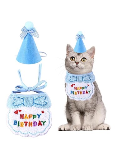 Small Dog Cat Birthday Hat Scarf Set,Pet Birthday Decorations Set Supplies (Blue)