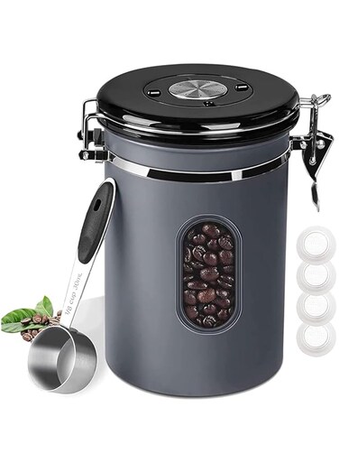 1800ML Airtight Coffee Canister with Date Tracker Transparent Window, 22.8OZ Coffe Beans Storage with 30ML Measure Spoon &amp; 4 Valve, Kitchen Food Storage Container for Grounds Coffee, Beans &amp; Tea(Gray)