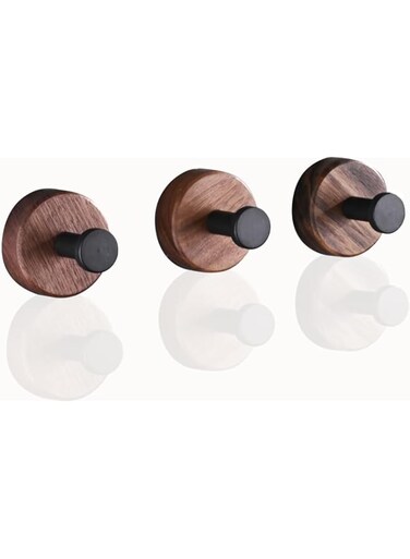 Tazweeq Adhesive Wooden Wall Hooks, 3-Pack Hangings Coat Hooks, Natural Walnut Wood Hooks for Hanging Hats Towels Robe Clothes Bags- Black