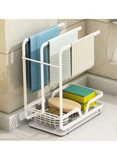 Kitchen Sponge Holder with Dishcloth Drying Rack Kitchen Sink Caddy Organizer with Drain Pan Kitchen Rag Stand for Kitchen Dish Supplies Storage Rack Draining Rack（White）