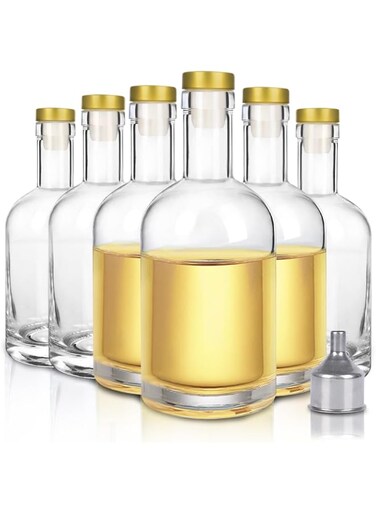 SKYLINK 6Pack 12oz Glass Bottles, Clear Heavy Glass Bottles with T-Top Cap, for Beverages Drinks Oil Vinegar Kombucha with Cork Stopper Airtight Lid
