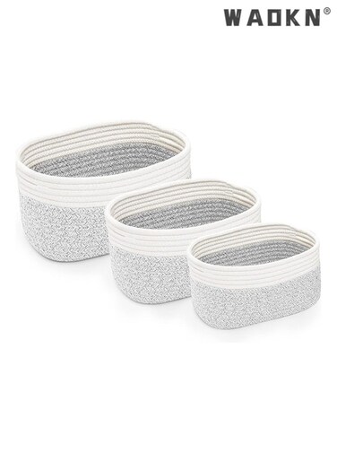Cotton Rope Storage Baskets - Set of 3   Small Grey &amp; White Baskets for Shelves   Organizer Bins for Nursery &amp; Bathroom