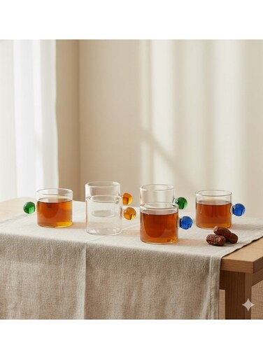 Arabic Tea &amp; Coffee Glass Cup Set (100ml) - Colorful Ball Handle, Heat-Resistant