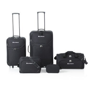 OUTBOUND 5-Piece Softside Wheeled Travel Luggage Set, Includes 26" &amp; 21" Upright Suitcases, Duffel Bag, Boarding Tote &amp; Toiletry Kit, Durable Polyester Construction - Black