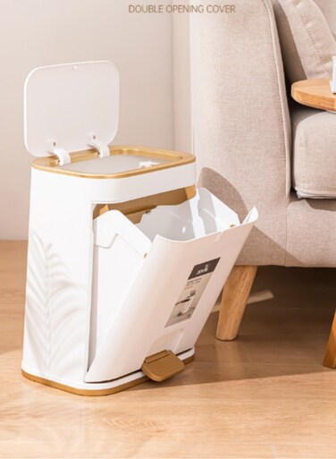 Bin Bathroom Trash Can with Lid, Plastic Garbage Can with Press top Lid Gold Step Pedal Trash can, Narrow White Trash Bin for Bathroom, Bedroom, Restroom, Living Room, Office