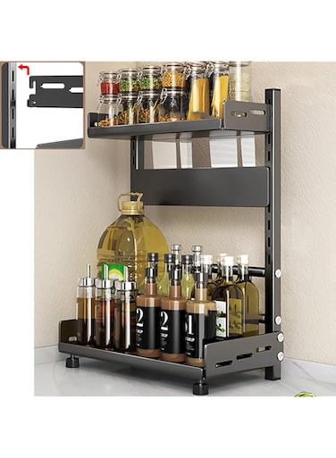 Tycom Spice Rack, Kitchen Shelf Organizer Countertop, 2-Tier Large Standing Seasoning Rack for Storage Spice, Kitchen Spice Organizer, Spice Holder (2-Tier Adjustable Black)