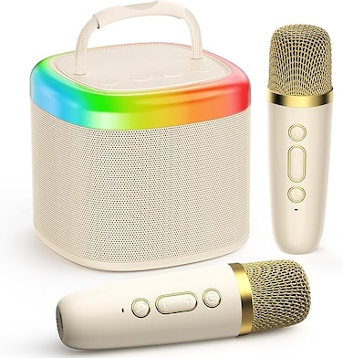 JYX Mini Karaoke Machine for Adults Kids, Portable Bluetooth Speaker with 2 Wireless Microphone, Home Party Karaoke Speaker Support SD Card/USB, Gift for Brithday and Toys for Girls/Boys, Beige
