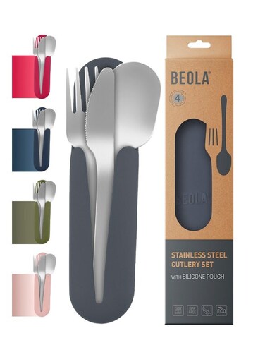 Stainless Steel Cutlery Set, Travel Utensils Set with Silicone Case Pouch, Fork Spoon Knife Camping Set, Cutlery Set for Kids School, Set of 4 (Lava Gray)
