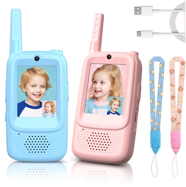 ESSEN Video Walkie Talkies Toys for Kids 2 Pack Rechargeable with Camera, Voice Changer, Video Chat, Fun Toys for Indoor Outdoor Travel Birthday Gifts Toys for Boys Girls Ages 3-12 (Blue/Pink)