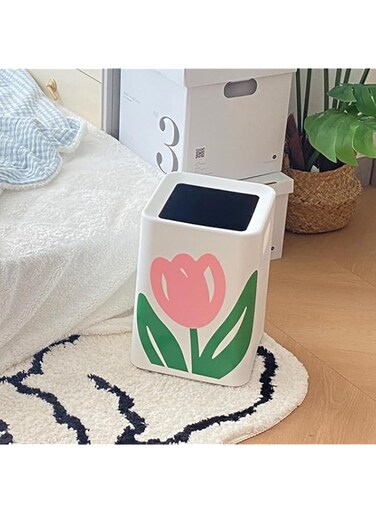 12L Plastic Tulip Waste Bin, Large Double-layer Decorative Waste Basket with Built-in Handle, Waterproof Floral Trash Can Garbage Container with 20 Garbage Bags (Square)