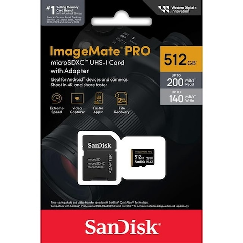 SanDisk 512GB ImageMate Pro microSDXC UHS-1 Memory Card with Adapter Up to 200MB/s