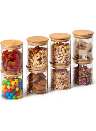 EZOWare Set of 8 Airtight Clear Glass Jars, Kitchen Storage Canister Set with Natural Bamboo Lids for Candy, Cookie, Rice, Sugar, Flour, Pasta, Nuts, 450 ml