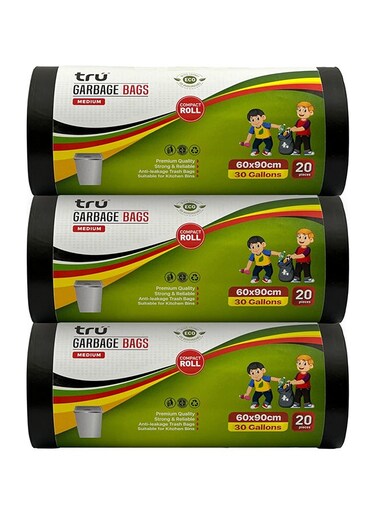 tru Garbage Bags Compact Roll Black 60x90cm - Pack of 3