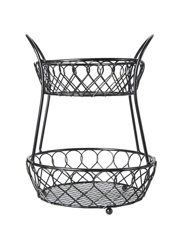 Gourmet Basics by Mikasa 5158748 Loop and Lattice Metal 2-Tier Fruit Storage Basket, Steel, Round, Antique Black