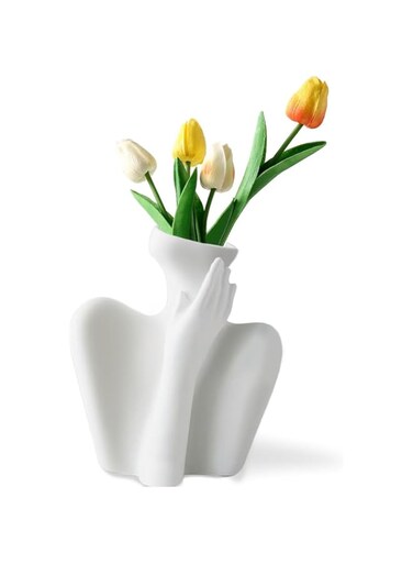 SOOFAM Artistic White Ceramic Vase, Minimalist Flower Arrangement Vase, Modern Bust Sculpture Floral Display, Ceramic Vase for Shelf, Table, Bookshelf, Mantel, Living Room and Entryway Decor Vases