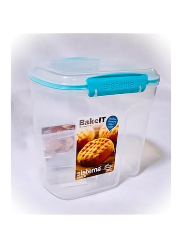 Sistema Bake It Food Storage for Baking Ingredients, Sugar Container with measuring cup 10.2 Cups, Clear with Aqua Accents