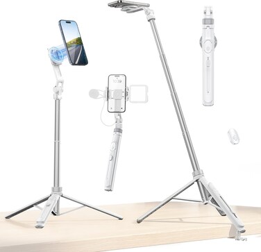 ULANZI TT88 Magnetic Tripod for iPhone 57 Extendable Selfie Stick with Remote 2-in-1 Phone Clip &amp; Dual Cold Shoe Mounts-Lightweight Phone Tripod Stand for Vlogging Travel Video Recording (White)