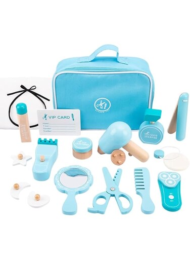 Baybee 18 Pcs Wooden Beauty Hair Salon Toys for Toddlers, Wooden Makeup Toy Set,Wooden Hairstylist Set,Kids Barber Playset,Shaving Hair Cutting Kit Toys,Pretend Play Kit Gifts for 3+Year Old Girls Boy