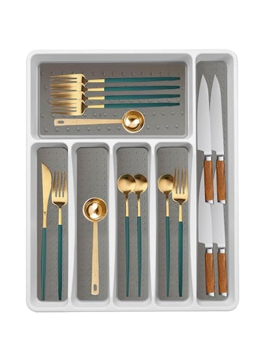 HOOTO Silverware Tray for Kitchen Drawer, Plastic Cutlery Tray Kitchen Drawer Organizer, Flatware Cutlery Organizer with Soft-Grip Lining and Non-Slip Rubber Feet, 6 Compartment