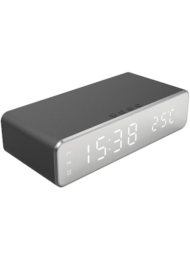 Moniss Digital Alarm Clock for Bedroom Electronic Clock with Wireless Charging for Phone Headset Thermometer Temperature Date Display 3 Alarms 12/24H LED Mirror Screen USB Charging for Bedroom Desk Of