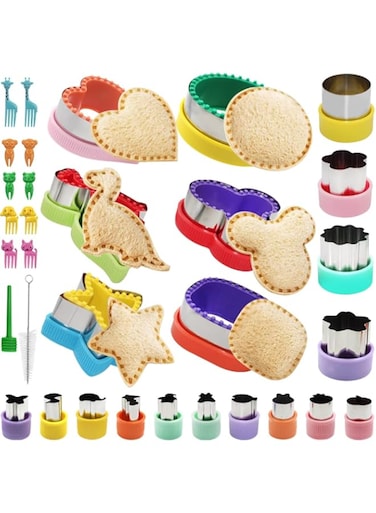 FineGood 32 Pcs Sandwich Cutter Set, Sandwich Cutter and Sealer Cookie Cutters Vegetable Fruit Cutters Shapes for Kids with Food Picks Brush