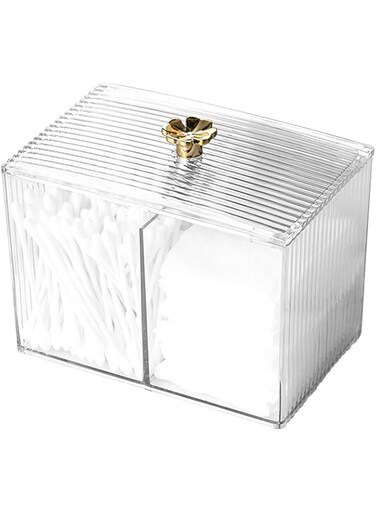 Oasisgalore Cotton Pad Holder, Cotton Bud Dispenser - Dressing Table Accessories, Transparent Organizer with Lid 13 x 8 x 9cm