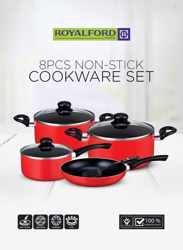 8 Pcs Non Stick Aluminium Cookware Set &acirc;&euro;&ldquo; Heat Resistant Handles, Tempered Glass Lids, Scratch Resistant,Thick Body,Bakelite Knobs,and CD Bottom, 2.5MM Thickness, Easy Grip, Strong Aluminium Body, Durable Interior, Bakelite Handle Compatible with Multiple Hobs like Gas, Electric, Ceramic, Halogen, Set Includes Nylon Turner, Frypan: 24x4.5Cm, Saucepan+Lid: 18X8.5Cm, Suacepan+Lid: 20X10Cm, Casserole + Lid:24x12cm Assorted 24x12cm