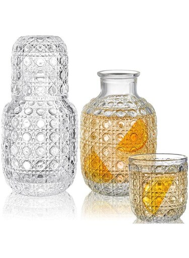 PCS Water Carafe Set With Tumbler, 14.8OZ Vintage Bedside Clear Glass Mouthwash Bottle Nightstand Carafe and Glass for Handy Midnight Drink Set for Water Juice Kitchen Bedroom