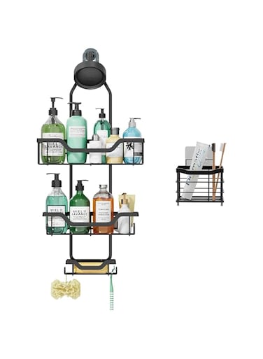Lomeshow Shower Caddy Hanging, Anti-Swing Shower Caddy Over Shower Head with Toothbrush Holder, Hanging Bathroom Shelves with Hooks and Soap Holder, Rustproof Hanging Bathroom Organizer
