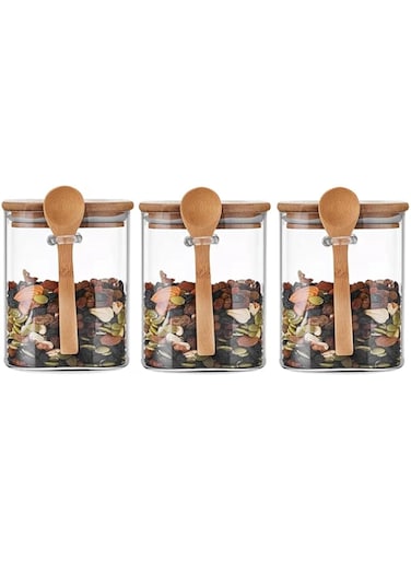 Glass Storage Jar with Bamboo Lids and bamboo Spoon,Set of 3 Airtight Food Jars Kitchen Food Storage Containers with Scoop For Serving Tea, Coffee, Flour, Sugar, Candy, Cookie, Spice (Small:800ml)