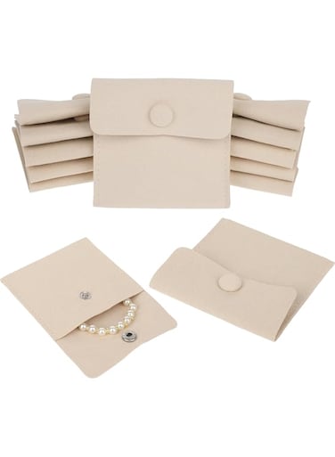 YHCG Travel Jewelry Bags, 12Pcs Microfiber Jewelry Bags, Mini Portable Jewelry Pouch Snap Button Pockets Storage Bag Organizer Case for Women Girl Gift(Beige)