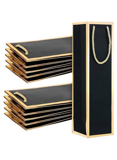 LCHYI&reg; Luxury Black Wine Gift Bags with Gold Foil Edges, 12PCS Sturdy Kraft Paper Single Bottle Wine Tote Bags for Wedding, Christmas, Party, 35x9.5x9cm