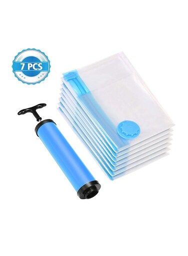 7-Piece Vacuum Reusable Sealer Storage Bag With Suction Pump Clear/Blue 70x100cm