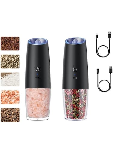 HAWAII Electric Salt and Pepper Grinder Set, USB Rechargeable Salt and Pepper Mill Grinder, Adjustable Coarseness Automatic Grinder, LED Light, One Handed Operation (2 Pack)