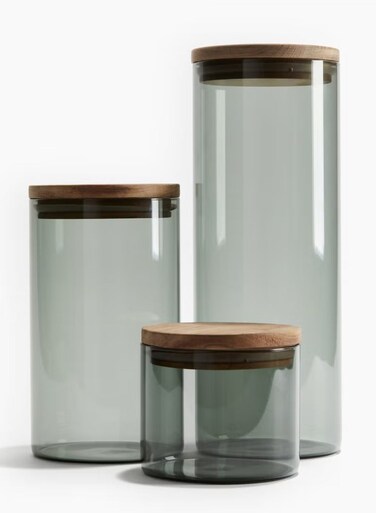 Set of 3 Borosilicate Glass Storage Jar with Acacia Wooden Lid , Durable &amp; Stylish Kitchen Storage Includes 600ML, 900ML &amp; 1300ML , Smoky Grey