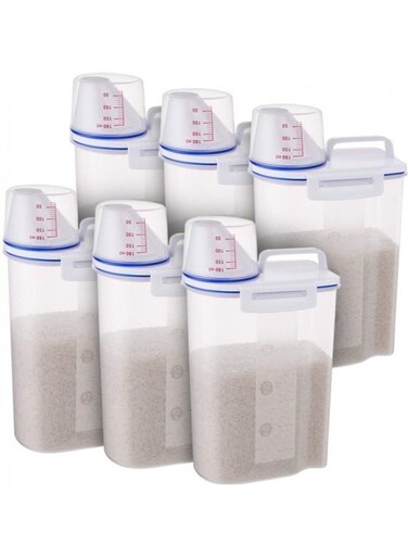 6-Piece Airtight Rice, Bean, Cereal Storage Container Bin With Measuring Cup Clear 2500ml