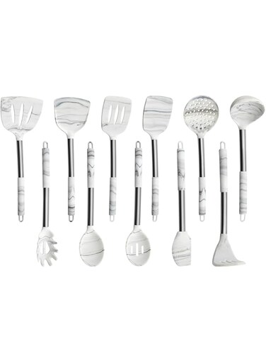H&amp;A Kitchen Utensil Set, Silicone Cooking Utensil Set with Stainless Steel Handle, Heat-Resistant Spatula Spoons for Nonstick Cookware-Slotted Turner, Soup Ladle, Pasta Server, Skimmer, 11pcs, White