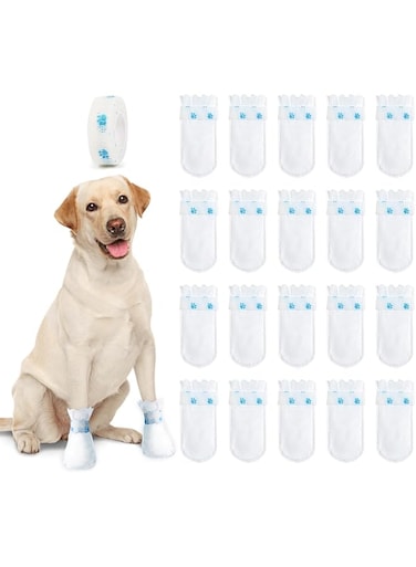 FDTY Disposable white Waterproof Dog Boots for Paw Protection, 20 Pcs Pet Shoes with Adjustable Self-Adhesive Bandage, Dog Disposable Foot Covers for Outdoor &amp; Indoor Walking (Small)