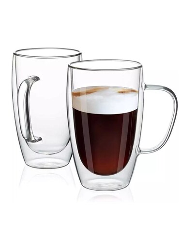 Set of 2 -450 ML Borosilicate Double Walled Glass Coffee Mugs With Handle, Large Glass Tea Mug, Tall Insulated Coffee Mugs Perfect for Cappuccino, Macchiato, Latte, Tea, Juice, Iced &amp; Hot Beverages