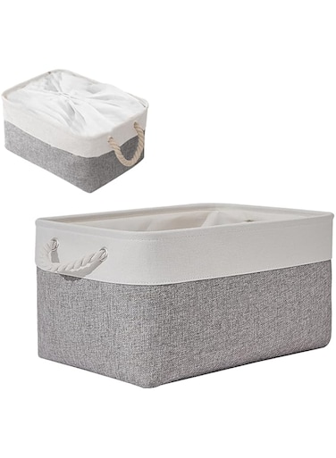 Baoly Closet Storage Basket, Collapsible Fabric Storage Basket with Drawstring Closure, Linen Storage Basket with Rope Handle for Organizing Bookshelves, Closets, Clothes and Toys (Grey)