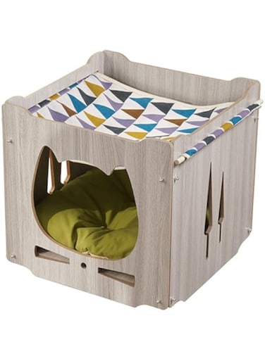 Cat TV House With Soft Mat Cat Condos For Indoor Cats Large Cage Cat Tree Towers Wood Cat Bed Wooden Cat Cave With Matching Cat Hammock And Cushion DIY Cat Villa (Cat Face)