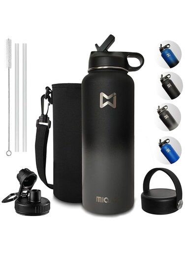 MIQAS Stainless Steel Water Bottle, 1.2L Insulated Water Bottle With 3 Lids Bag 2 Straws and Brush- Stay 24 Hrs Cold and 12 Hrs Hot, BPA Free Thermos Flask for Gym, Office, School and Sport (Grey)