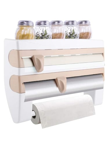 Wall Mounted Foil Cling Film and Roll Holder Dispenser, Kitchen Roll Holder Kitchen Cling Film Rack Multifunctional Film Storage Rack Cling Film Cutter for paper towels up to 28cm, 15.35"x3.94"x9.45