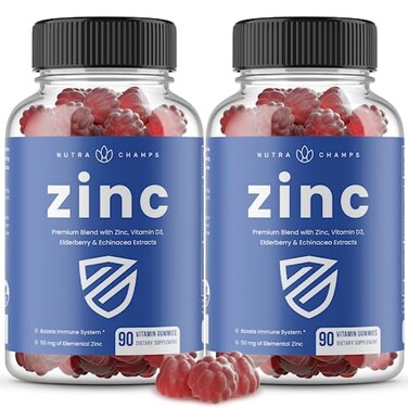 Nutrachamps 4-In-1 Zinc Gummies, 50Mg Chewable Zinc Supplement Gummies With Vitamin D3 2000 Iu, Elderberry &amp; Echinacea, Immune, Heart &amp; Brain Support, 180 Count (Pack Of 2)